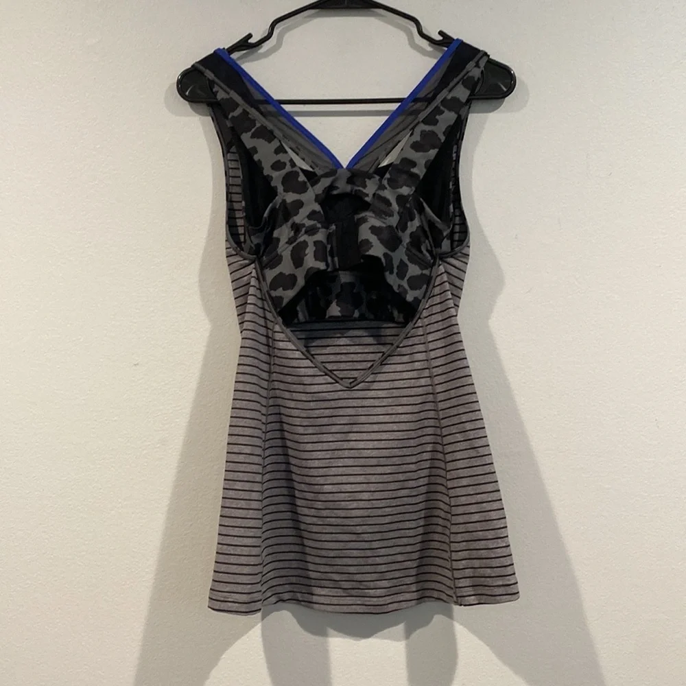 Lululemon Gray and Black Striped Tank Top with Cheetah Print Built-in Bra